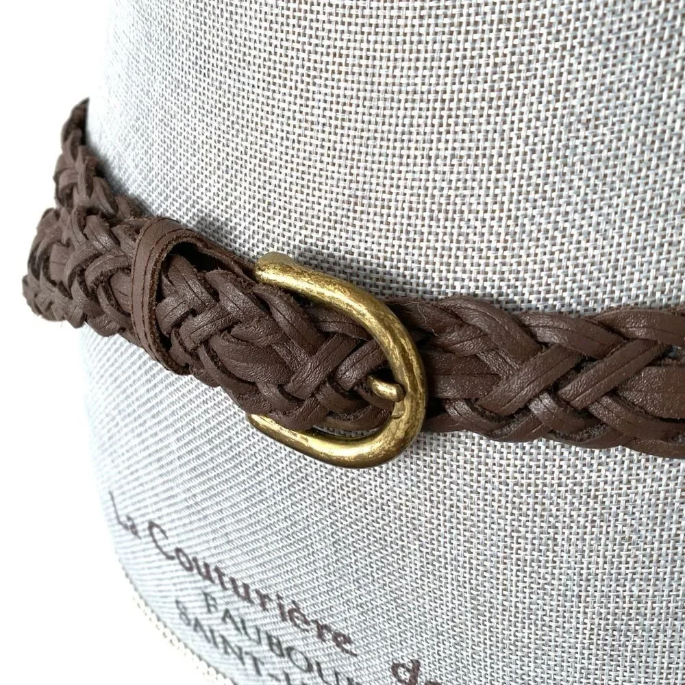 Vintage Brown Braided Leather Belt Gold Tone Buckle Sz M/L Boho Western Preppy
